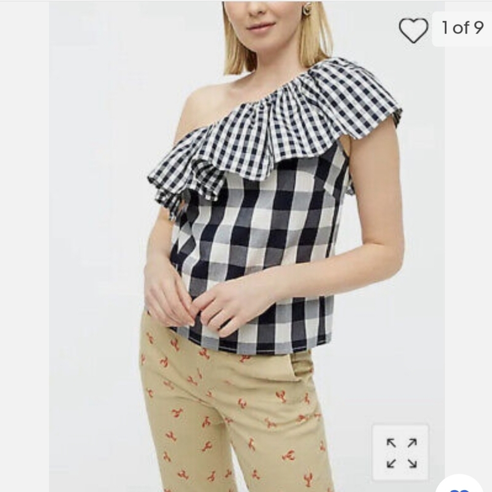J. Crew one sided off shoulder gingham top